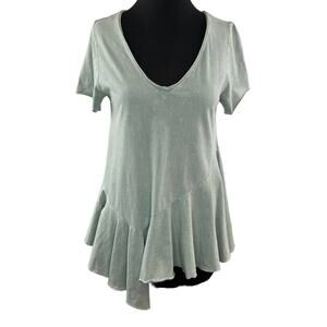 ANTHROPOLOGIE ERI + ALI Green Short Sleeve V-Neck Cotton Peplum Top Size S